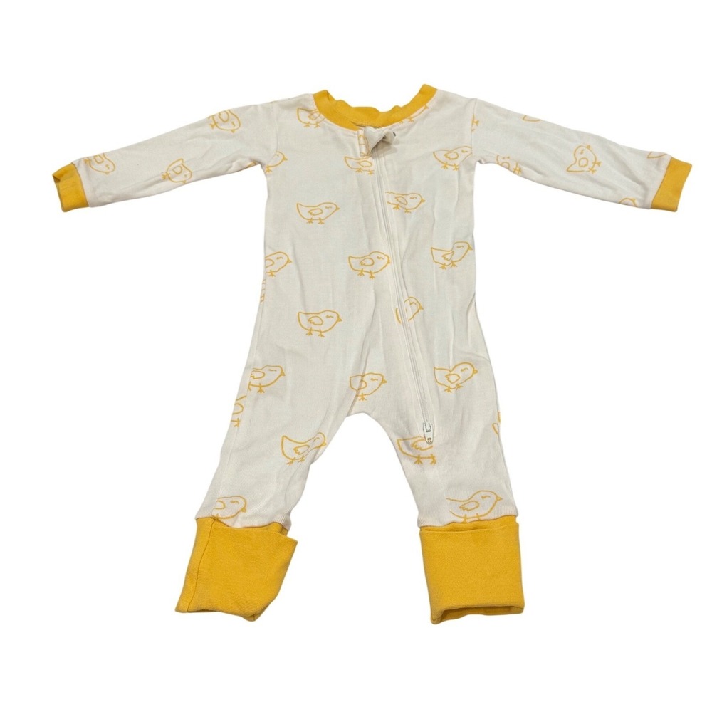 Monica + Andy Chick Print Sleeper Baby 0-3M White Yellow Organic Cotton Romper